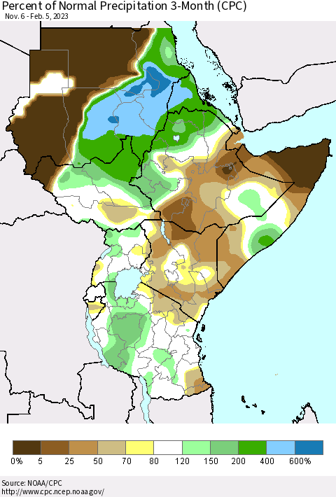Eastern Africa Percent of Normal Precipitation 3-Month (CPC) Thematic Map For 11/6/2022 - 2/5/2023