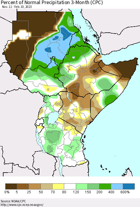 Eastern Africa Percent of Normal Precipitation 3-Month (CPC) Thematic Map For 11/11/2022 - 2/10/2023