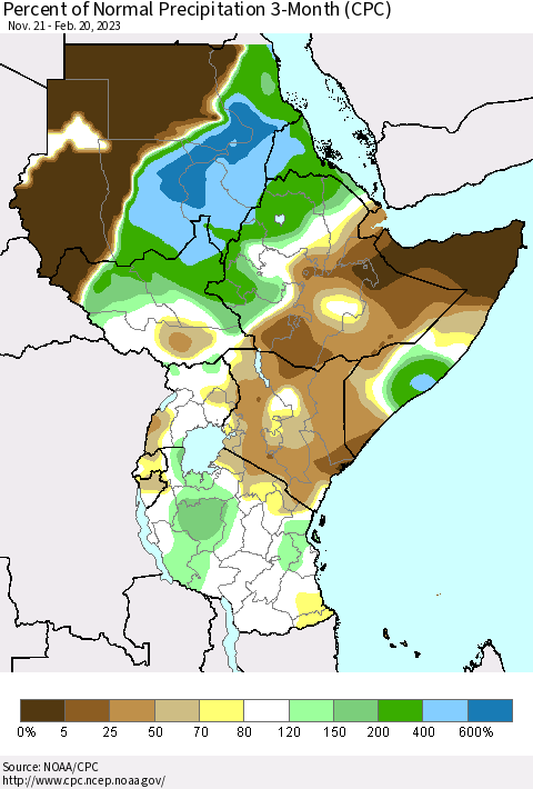 Eastern Africa Percent of Normal Precipitation 3-Month (CPC) Thematic Map For 11/21/2022 - 2/20/2023