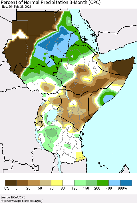 Eastern Africa Percent of Normal Precipitation 3-Month (CPC) Thematic Map For 11/26/2022 - 2/25/2023