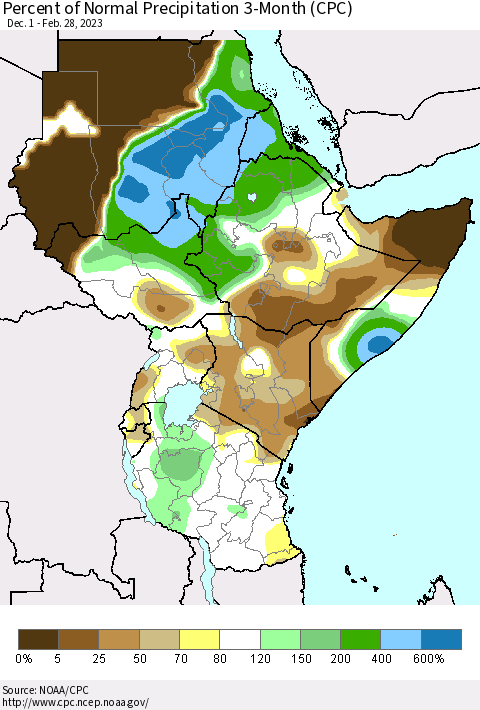 Eastern Africa Percent of Normal Precipitation 3-Month (CPC) Thematic Map For 12/1/2022 - 2/28/2023
