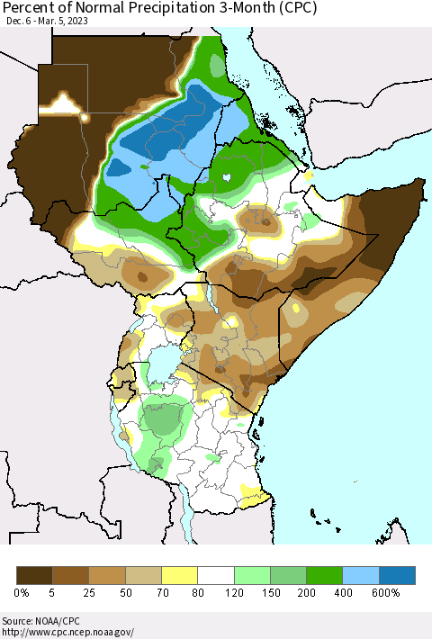 Eastern Africa Percent of Normal Precipitation 3-Month (CPC) Thematic Map For 12/6/2022 - 3/5/2023