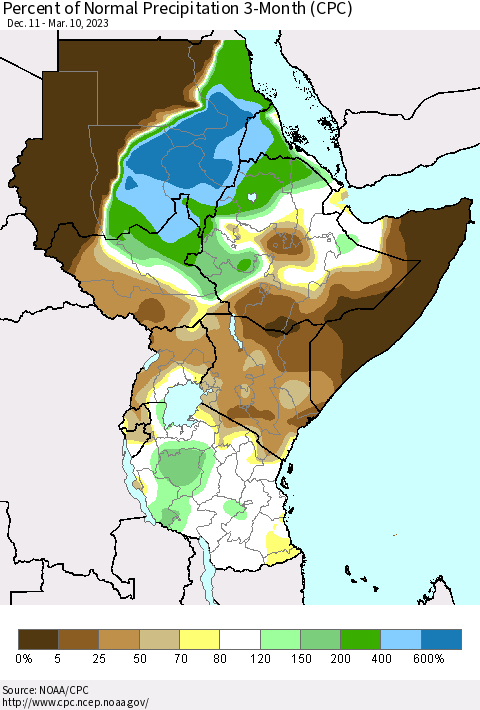 Eastern Africa Percent of Normal Precipitation 3-Month (CPC) Thematic Map For 12/11/2022 - 3/10/2023