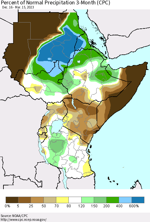 Eastern Africa Percent of Normal Precipitation 3-Month (CPC) Thematic Map For 12/16/2022 - 3/15/2023