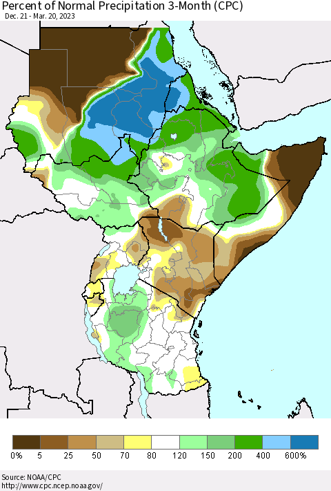 Eastern Africa Percent of Normal Precipitation 3-Month (CPC) Thematic Map For 12/21/2022 - 3/20/2023