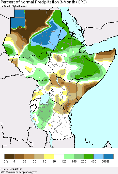 Eastern Africa Percent of Normal Precipitation 3-Month (CPC) Thematic Map For 12/26/2022 - 3/25/2023