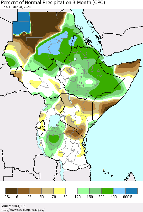 Eastern Africa Percent of Normal Precipitation 3-Month (CPC) Thematic Map For 1/1/2023 - 3/31/2023