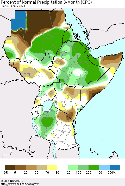 Eastern Africa Percent of Normal Precipitation 3-Month (CPC) Thematic Map For 1/6/2023 - 4/5/2023