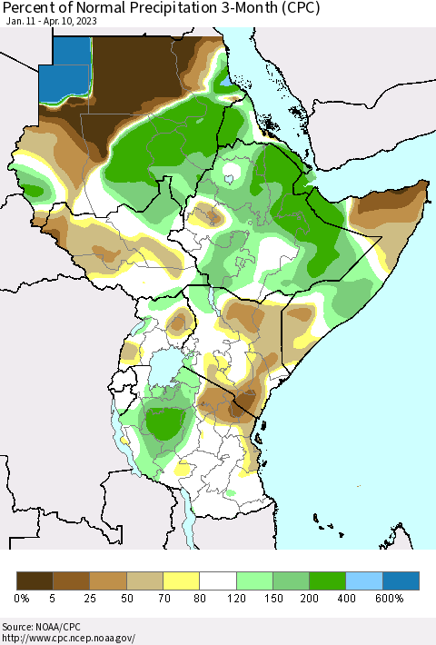 Eastern Africa Percent of Normal Precipitation 3-Month (CPC) Thematic Map For 1/11/2023 - 4/10/2023