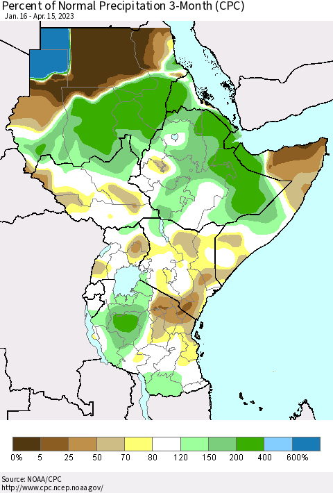 Eastern Africa Percent of Normal Precipitation 3-Month (CPC) Thematic Map For 1/16/2023 - 4/15/2023