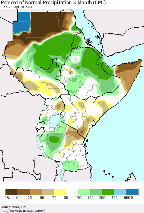 Eastern Africa Percent of Normal Precipitation 3-Month (CPC) Thematic Map For 1/21/2023 - 4/20/2023