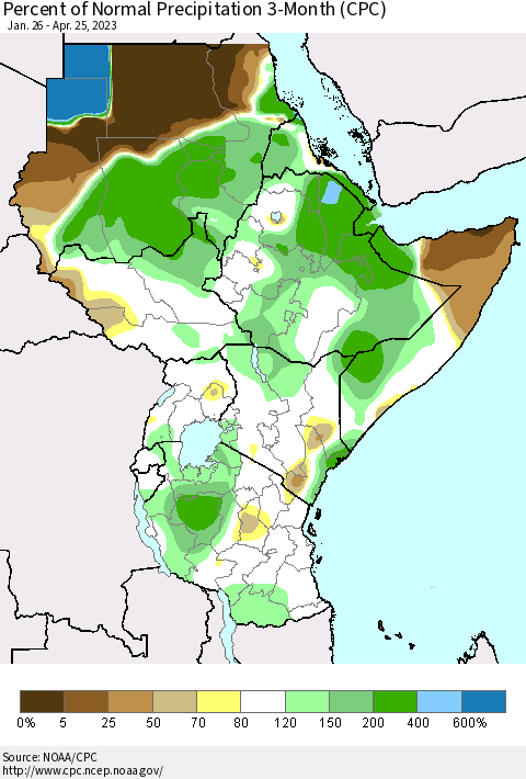 Eastern Africa Percent of Normal Precipitation 3-Month (CPC) Thematic Map For 1/26/2023 - 4/25/2023