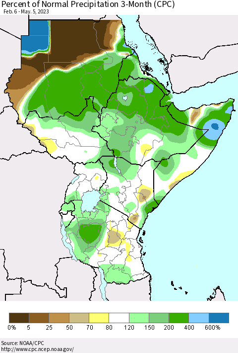 Eastern Africa Percent of Normal Precipitation 3-Month (CPC) Thematic Map For 2/6/2023 - 5/5/2023