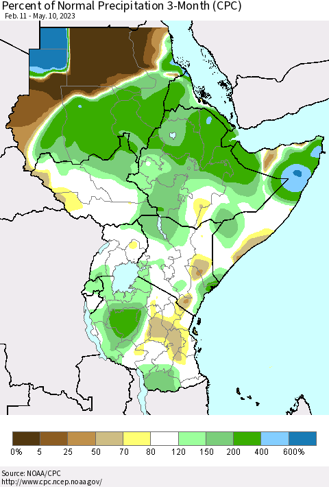 Eastern Africa Percent of Normal Precipitation 3-Month (CPC) Thematic Map For 2/11/2023 - 5/10/2023