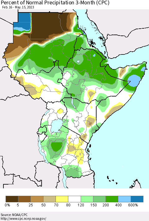 Eastern Africa Percent of Normal Precipitation 3-Month (CPC) Thematic Map For 2/16/2023 - 5/15/2023