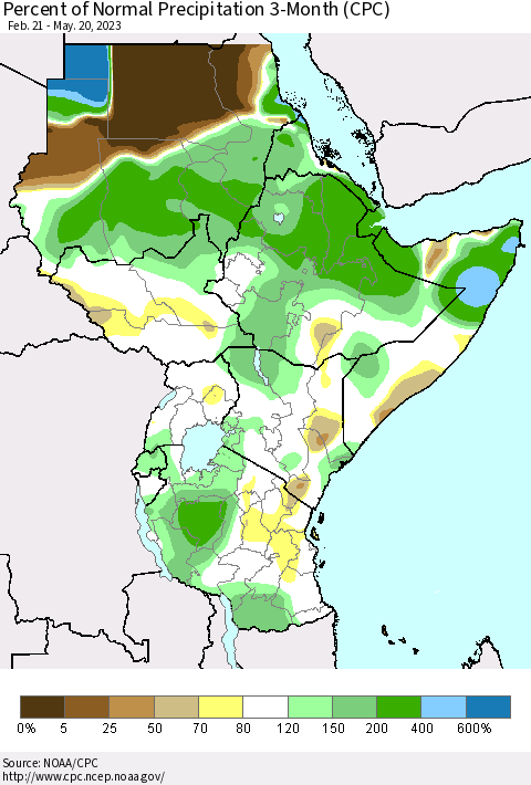 Eastern Africa Percent of Normal Precipitation 3-Month (CPC) Thematic Map For 2/21/2023 - 5/20/2023
