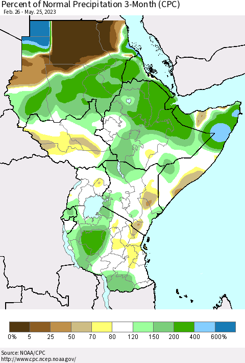 Eastern Africa Percent of Normal Precipitation 3-Month (CPC) Thematic Map For 2/26/2023 - 5/25/2023