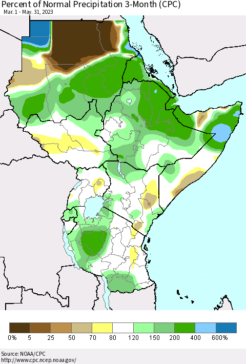 Eastern Africa Percent of Normal Precipitation 3-Month (CPC) Thematic Map For 3/1/2023 - 5/31/2023