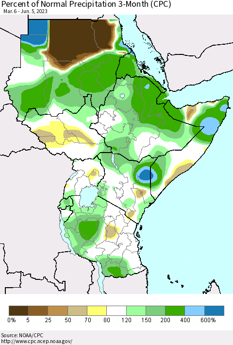 Eastern Africa Percent of Normal Precipitation 3-Month (CPC) Thematic Map For 3/6/2023 - 6/5/2023