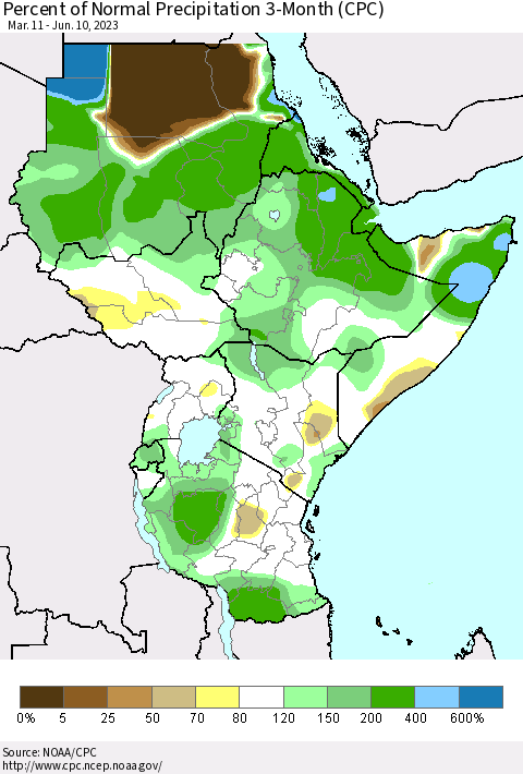 Eastern Africa Percent of Normal Precipitation 3-Month (CPC) Thematic Map For 3/11/2023 - 6/10/2023