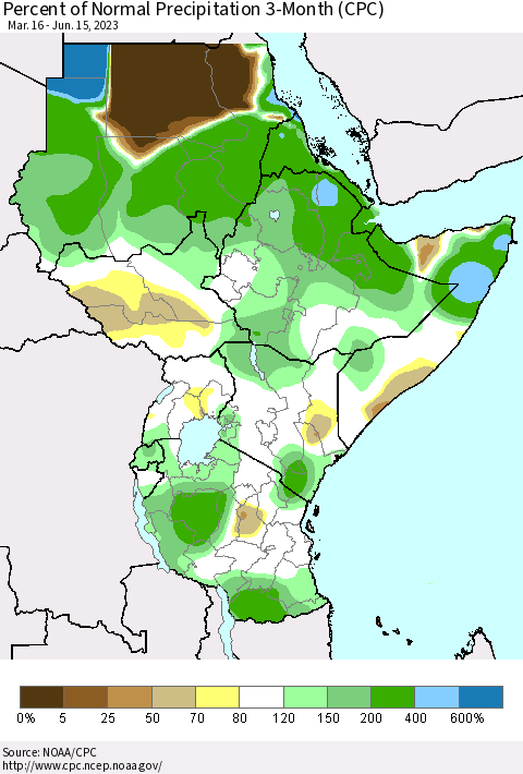 Eastern Africa Percent of Normal Precipitation 3-Month (CPC) Thematic Map For 3/16/2023 - 6/15/2023