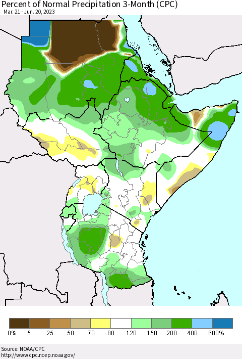 Eastern Africa Percent of Normal Precipitation 3-Month (CPC) Thematic Map For 3/21/2023 - 6/20/2023