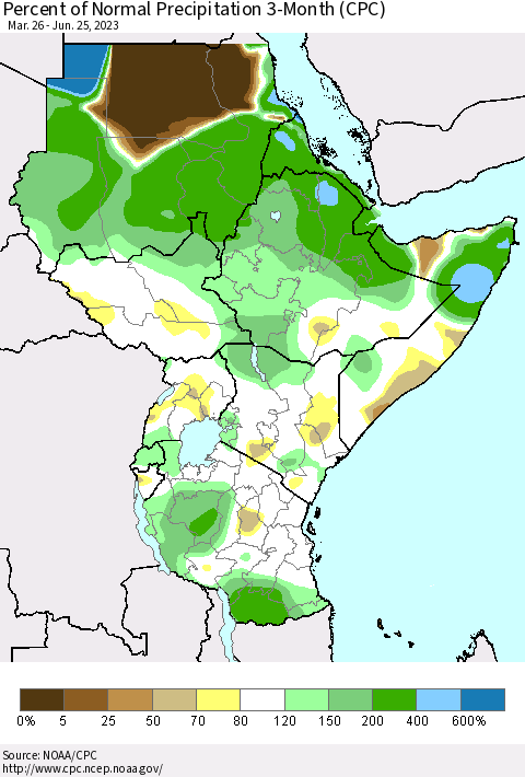 Eastern Africa Percent of Normal Precipitation 3-Month (CPC) Thematic Map For 3/26/2023 - 6/25/2023
