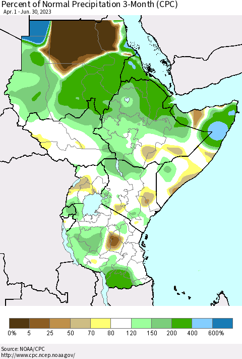 Eastern Africa Percent of Normal Precipitation 3-Month (CPC) Thematic Map For 4/1/2023 - 6/30/2023