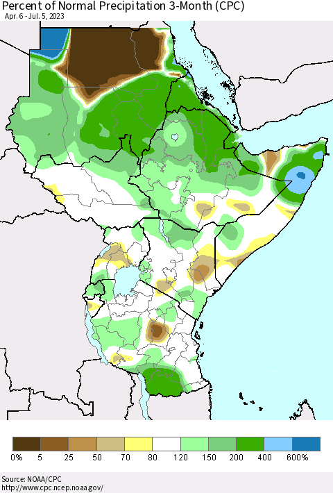 Eastern Africa Percent of Normal Precipitation 3-Month (CPC) Thematic Map For 4/6/2023 - 7/5/2023