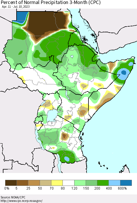 Eastern Africa Percent of Normal Precipitation 3-Month (CPC) Thematic Map For 4/11/2023 - 7/10/2023