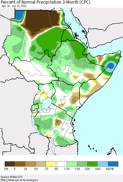 Eastern Africa Percent of Normal Precipitation 3-Month (CPC) Thematic Map For 4/16/2023 - 7/15/2023