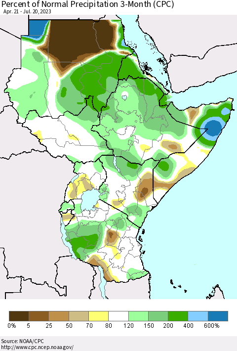 Eastern Africa Percent of Normal Precipitation 3-Month (CPC) Thematic Map For 4/21/2023 - 7/20/2023