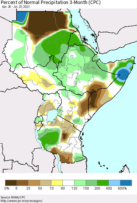 Eastern Africa Percent of Normal Precipitation 3-Month (CPC) Thematic Map For 4/26/2023 - 7/25/2023