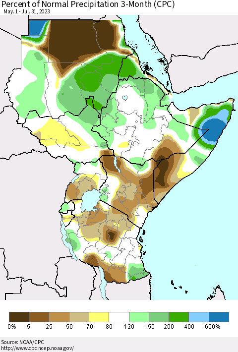 Eastern Africa Percent of Normal Precipitation 3-Month (CPC) Thematic Map For 5/1/2023 - 7/31/2023