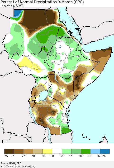 Eastern Africa Percent of Normal Precipitation 3-Month (CPC) Thematic Map For 5/6/2023 - 8/5/2023