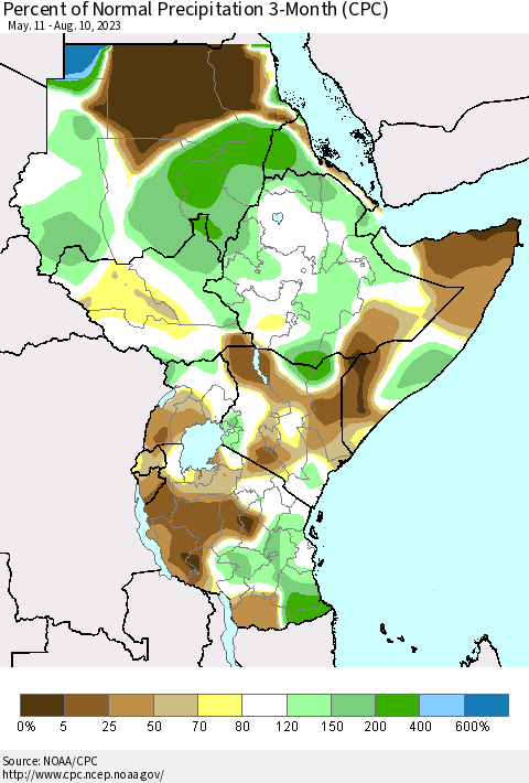 Eastern Africa Percent of Normal Precipitation 3-Month (CPC) Thematic Map For 5/11/2023 - 8/10/2023