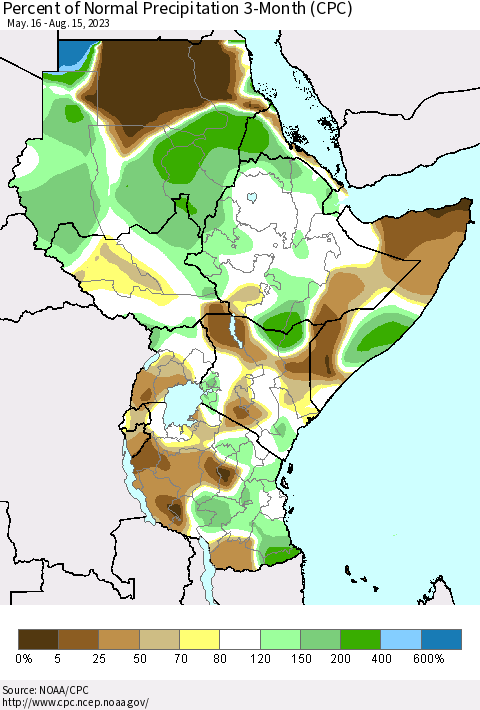Eastern Africa Percent of Normal Precipitation 3-Month (CPC) Thematic Map For 5/16/2023 - 8/15/2023