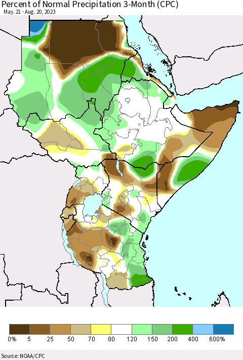 Eastern Africa Percent of Normal Precipitation 3-Month (CPC) Thematic Map For 5/21/2023 - 8/20/2023