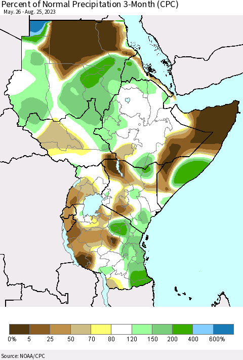 Eastern Africa Percent of Normal Precipitation 3-Month (CPC) Thematic Map For 5/26/2023 - 8/25/2023