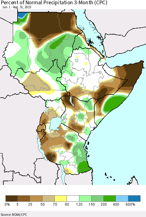 Eastern Africa Percent of Normal Precipitation 3-Month (CPC) Thematic Map For 6/1/2023 - 8/31/2023