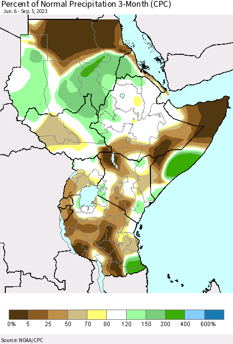 Eastern Africa Percent of Normal Precipitation 3-Month (CPC) Thematic Map For 6/6/2023 - 9/5/2023