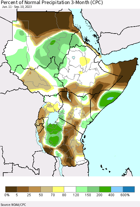 Eastern Africa Percent of Normal Precipitation 3-Month (CPC) Thematic Map For 6/11/2023 - 9/10/2023