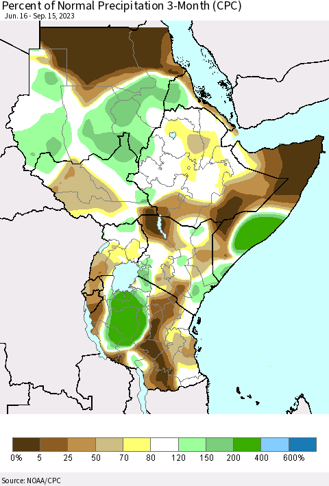 Eastern Africa Percent of Normal Precipitation 3-Month (CPC) Thematic Map For 6/16/2023 - 9/15/2023