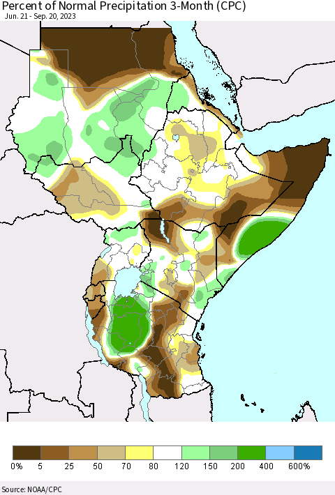 Eastern Africa Percent of Normal Precipitation 3-Month (CPC) Thematic Map For 6/21/2023 - 9/20/2023