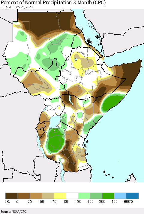 Eastern Africa Percent of Normal Precipitation 3-Month (CPC) Thematic Map For 6/26/2023 - 9/25/2023