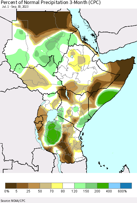 Eastern Africa Percent of Normal Precipitation 3-Month (CPC) Thematic Map For 7/1/2023 - 9/30/2023