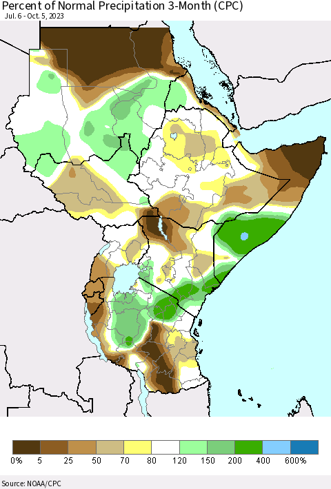 Eastern Africa Percent of Normal Precipitation 3-Month (CPC) Thematic Map For 7/6/2023 - 10/5/2023