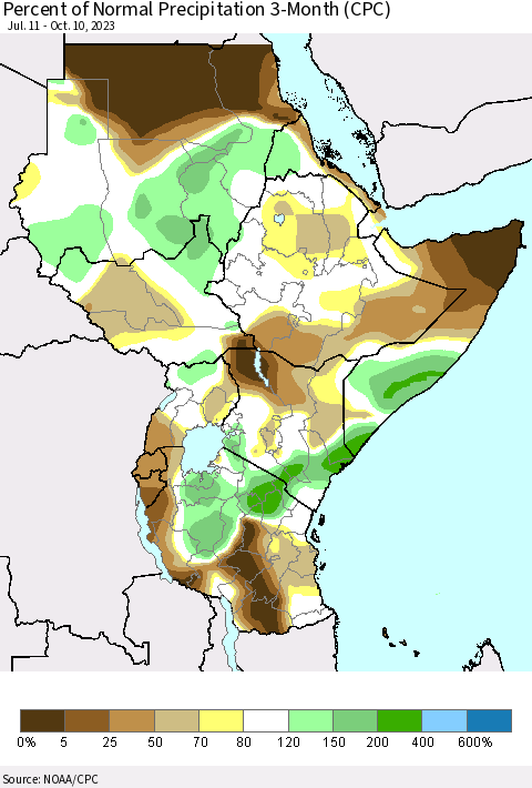 Eastern Africa Percent of Normal Precipitation 3-Month (CPC) Thematic Map For 7/11/2023 - 10/10/2023