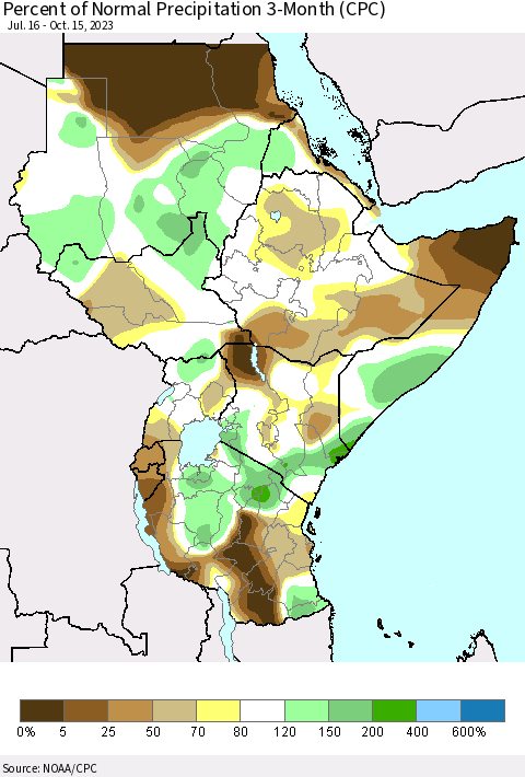 Eastern Africa Percent of Normal Precipitation 3-Month (CPC) Thematic Map For 7/16/2023 - 10/15/2023