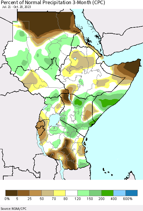 Eastern Africa Percent of Normal Precipitation 3-Month (CPC) Thematic Map For 7/21/2023 - 10/20/2023